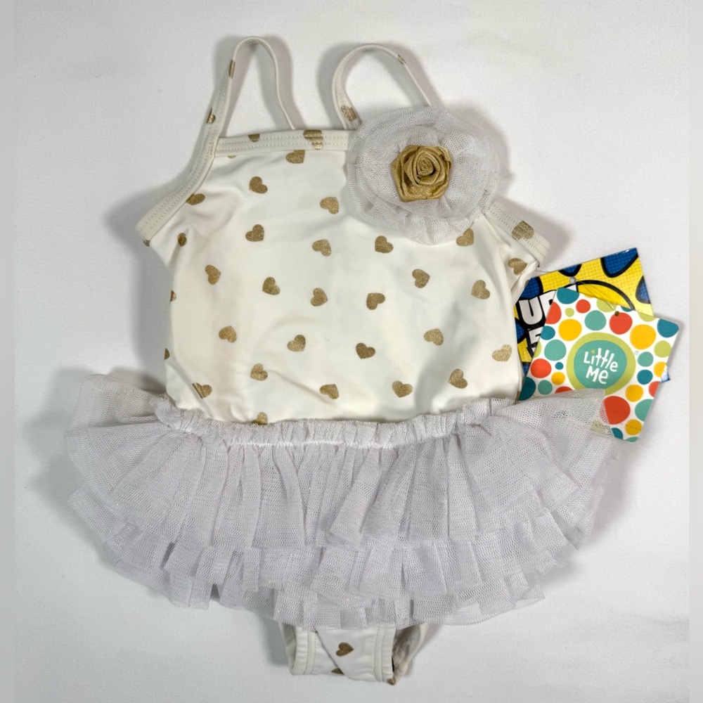 NWT LITTLE ME Girls Gold Heart Tutu Swimsuit 6/9M Whimsical Princess‎ Summer NEW